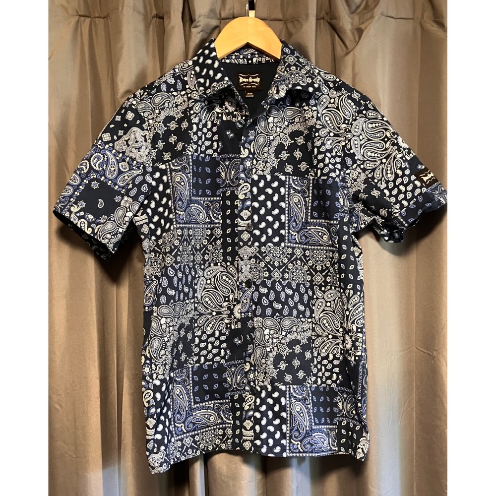 Dogg Supply Button Down Shirt Mens Small Blue Bandana Patchwork Short Sleeve